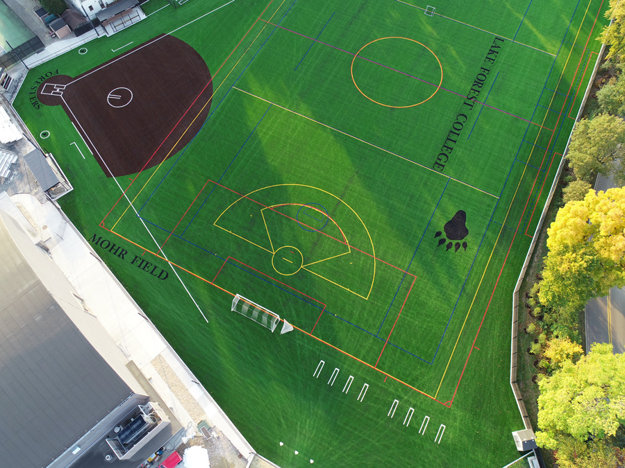 LFC-Mohr-DJI_0022 Aerial view of a sports complex featuring a baseball field, soccer field, and multi-purpose turf at Lake Forest College.