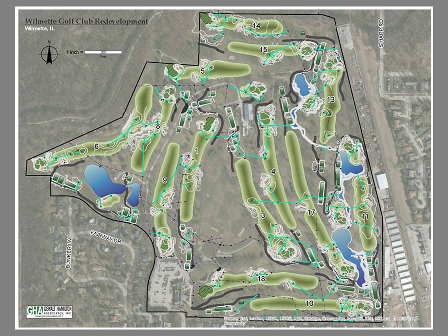 Wilmette-GC-2-web Site plan of the Wilmette Golf Club redevelopment, showcasing golf holes, water features, and landscaping elements.