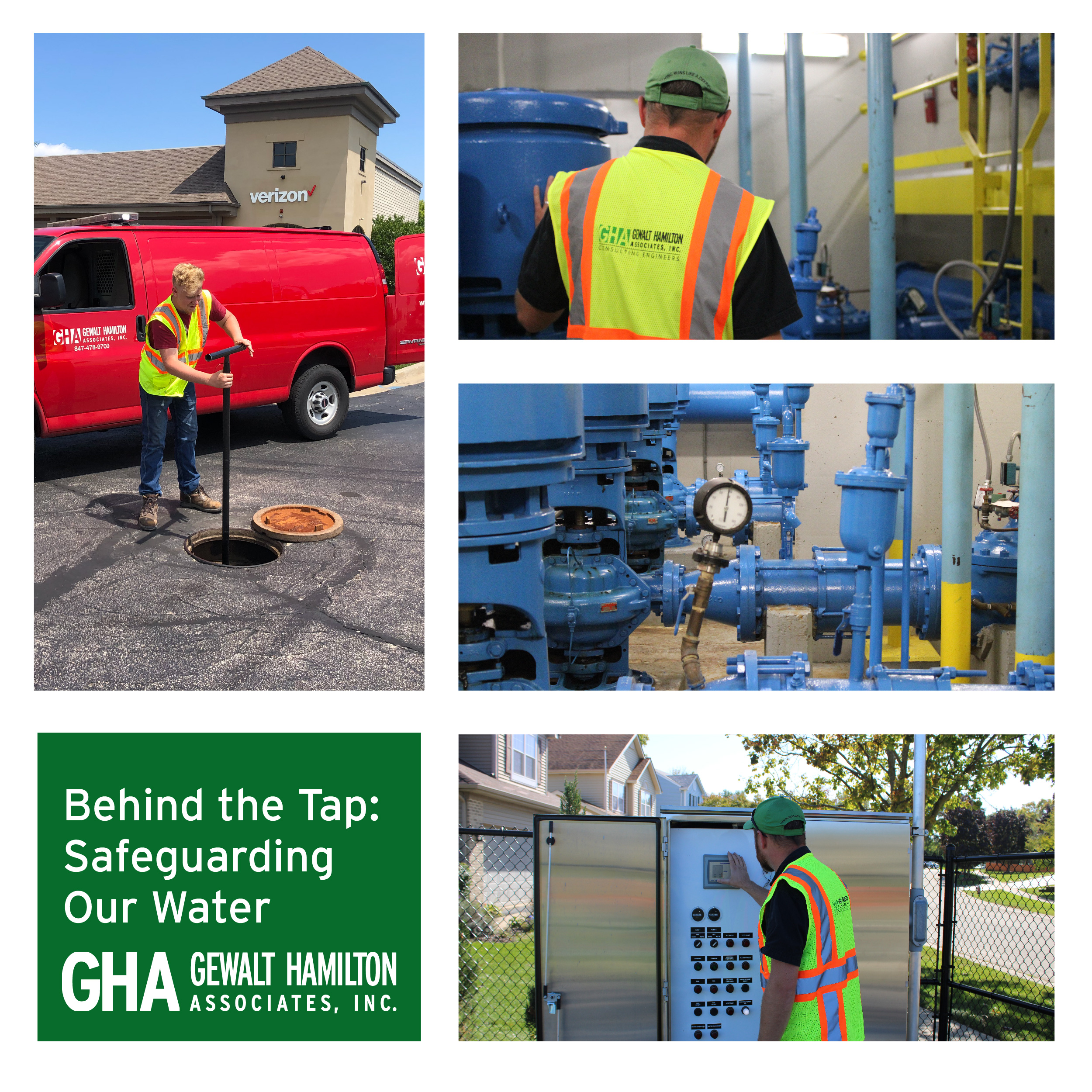 Various images showcasing civil engineering work: workers inspecting water infrastructure, blue pipelines, and municipal improvements emphasizing water safety.