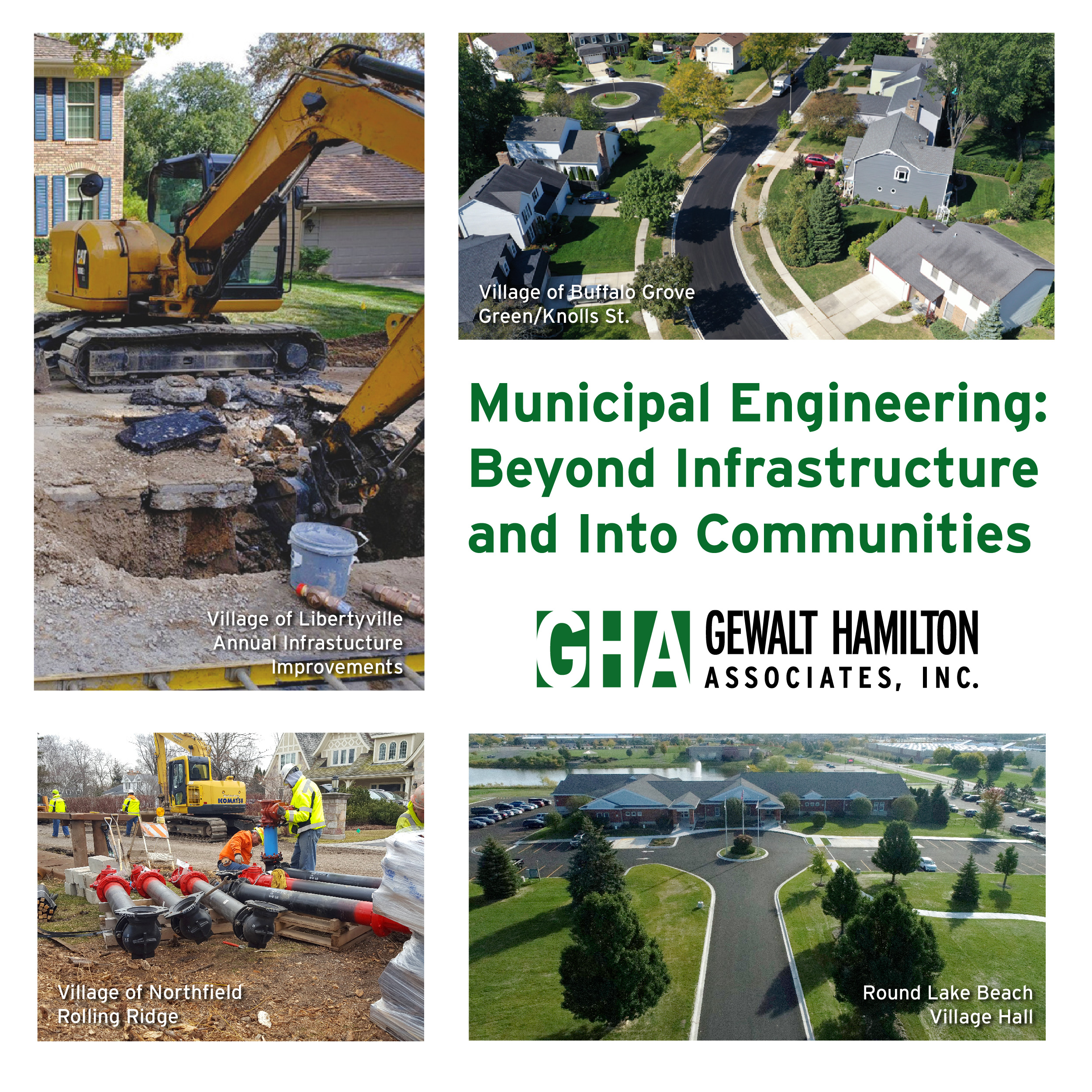Construction equipment excavating a site, municipal improvements featuring roads and parks, and infrastructure work in various neighborhoods.