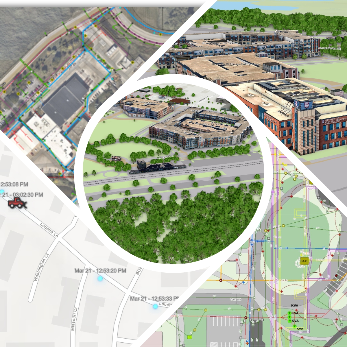 MicrosoftTeams-image (18) A collage of civil engineering designs, featuring infrastructure plans, construction sites, and urban park layouts.