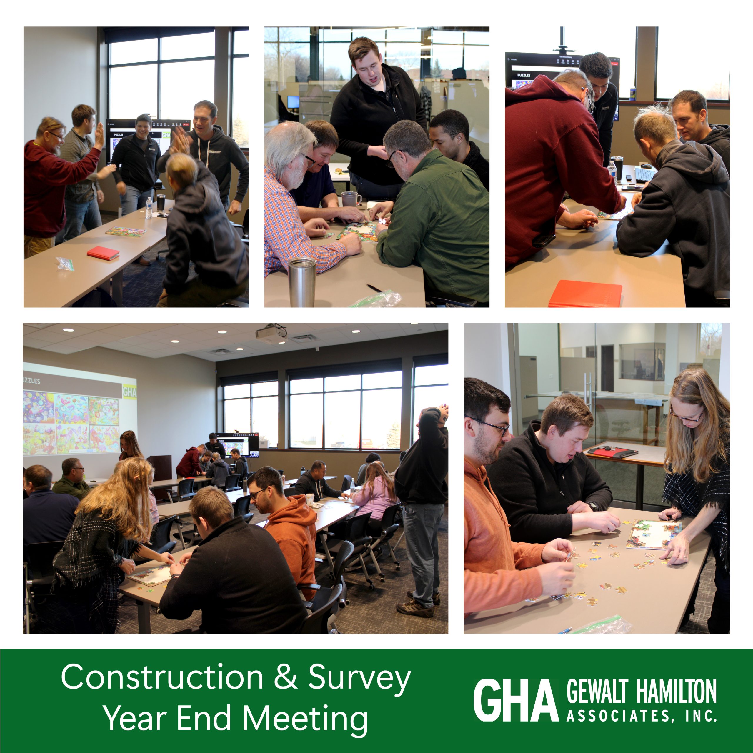 Team members engaged in collaborative activities during the Construction and Survey Year End Meeting, discussing projects and building rapport.