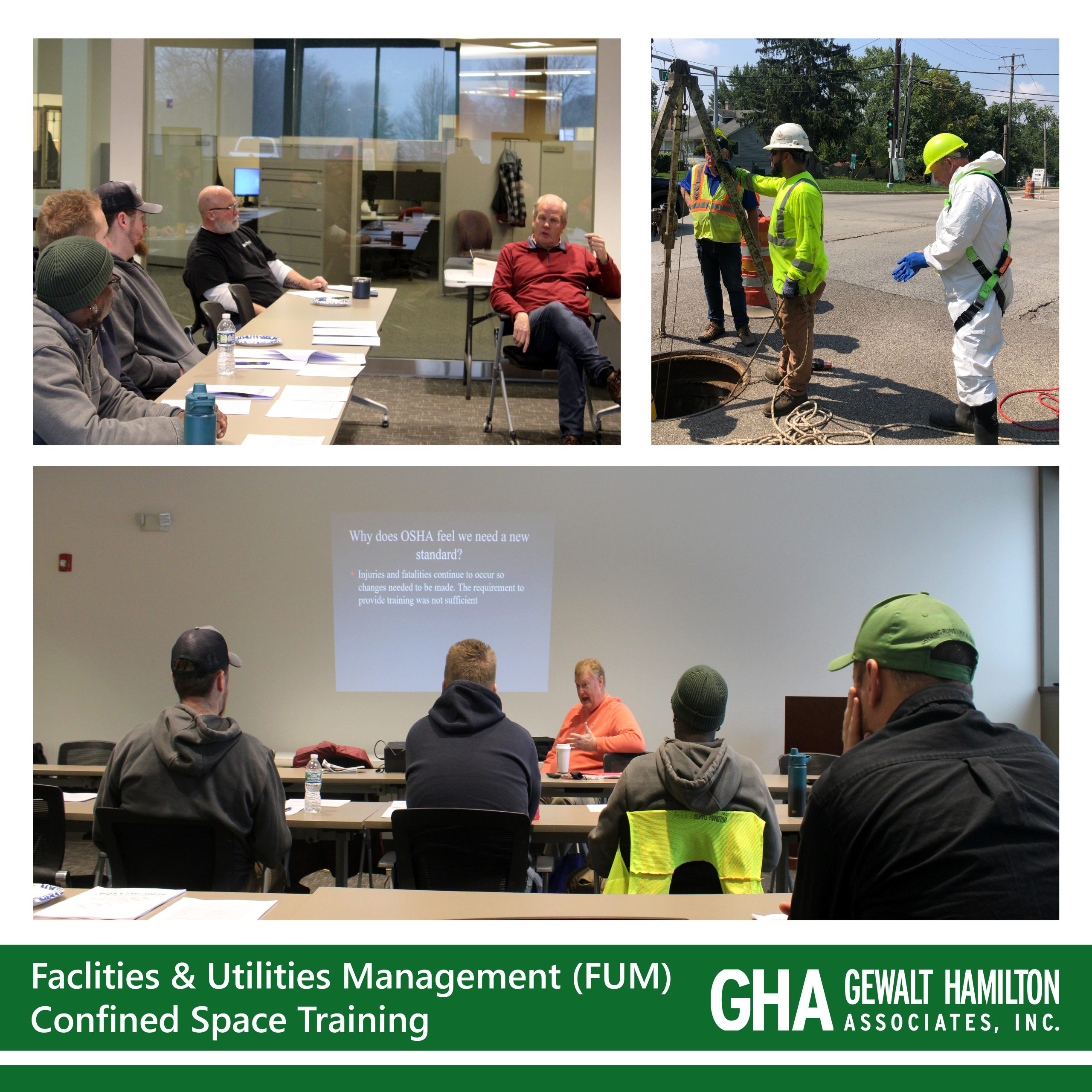 Participants engaged in a confined space training session, with a projector displaying information and construction workers in safety gear.