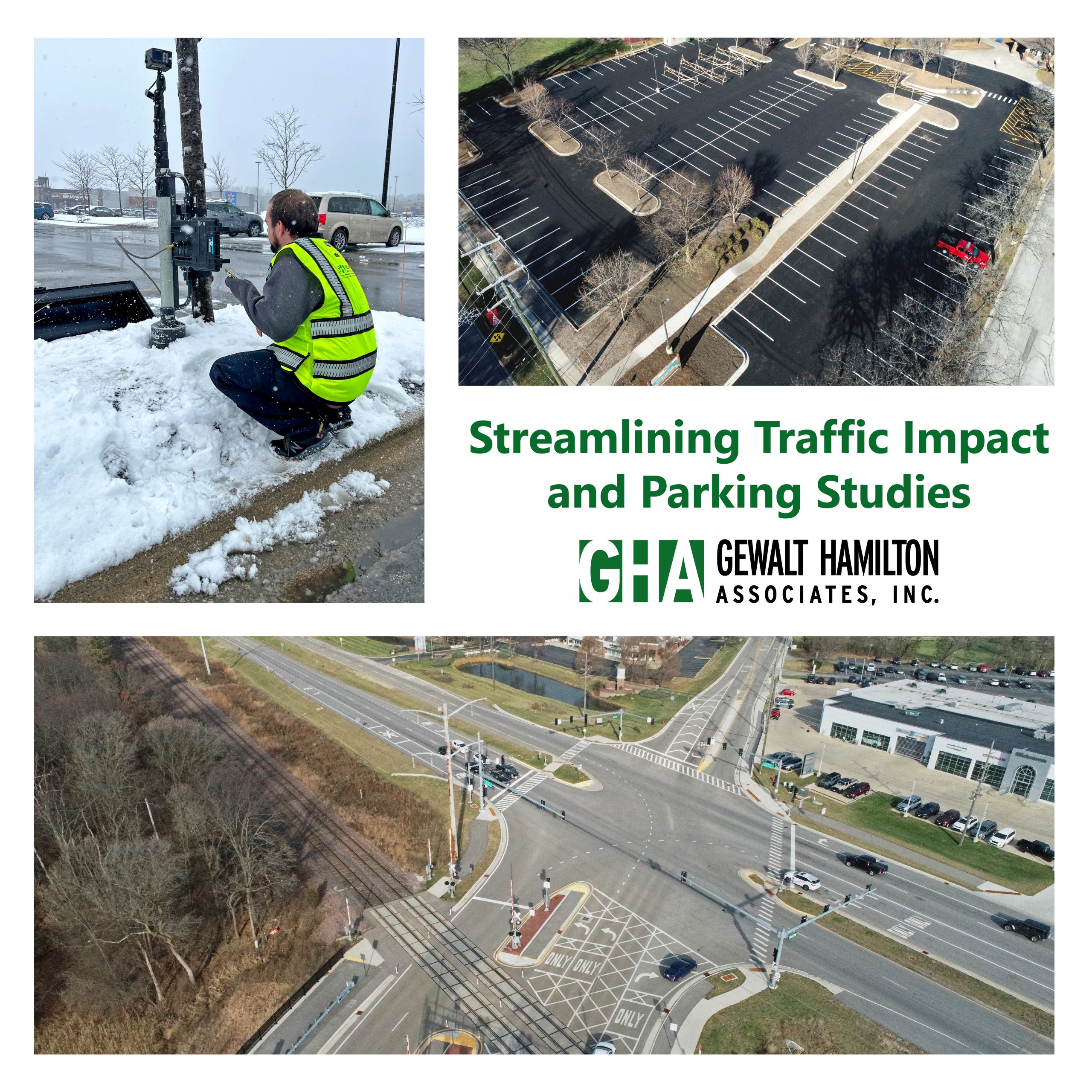 A civil engineer in a safety vest inspects a traffic signal; a snow-covered parking lot; an aerial view of a busy intersection with traffic signals and roadways.