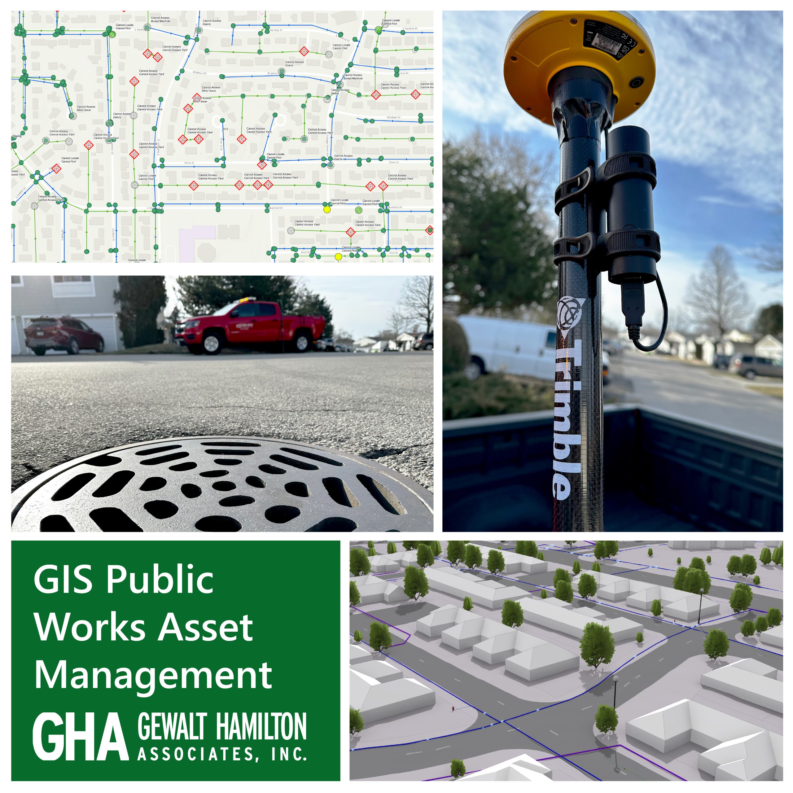 Maps depicting infrastructure planning, construction site equipment, a storm drain cover, and 3D models of municipal improvements.