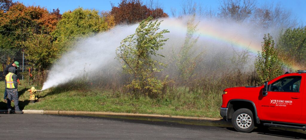 Two GHA employees flush a hydrant in Round Lake Beach.