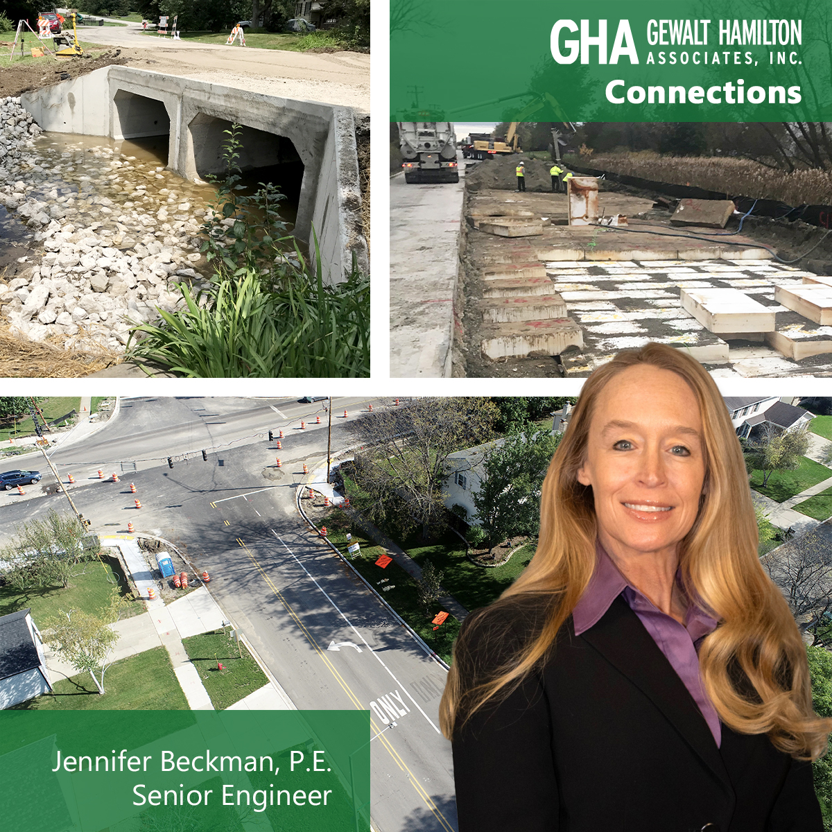 Jennifer Beckman Connections A collage featuring a completed drainage system, construction work on a road, and a senior engineer standing in front of urban improvements.