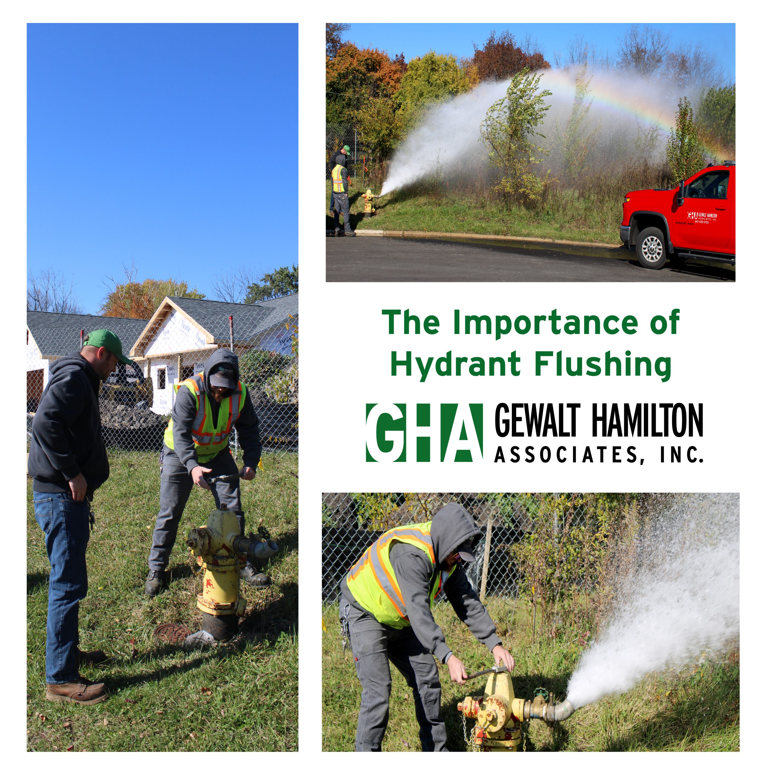 Hydrant Flushing Graphic Workers performing hydrant flushing, showcasing a fire hydrant spraying water with a rainbow in the background, promoting municipal water safety.