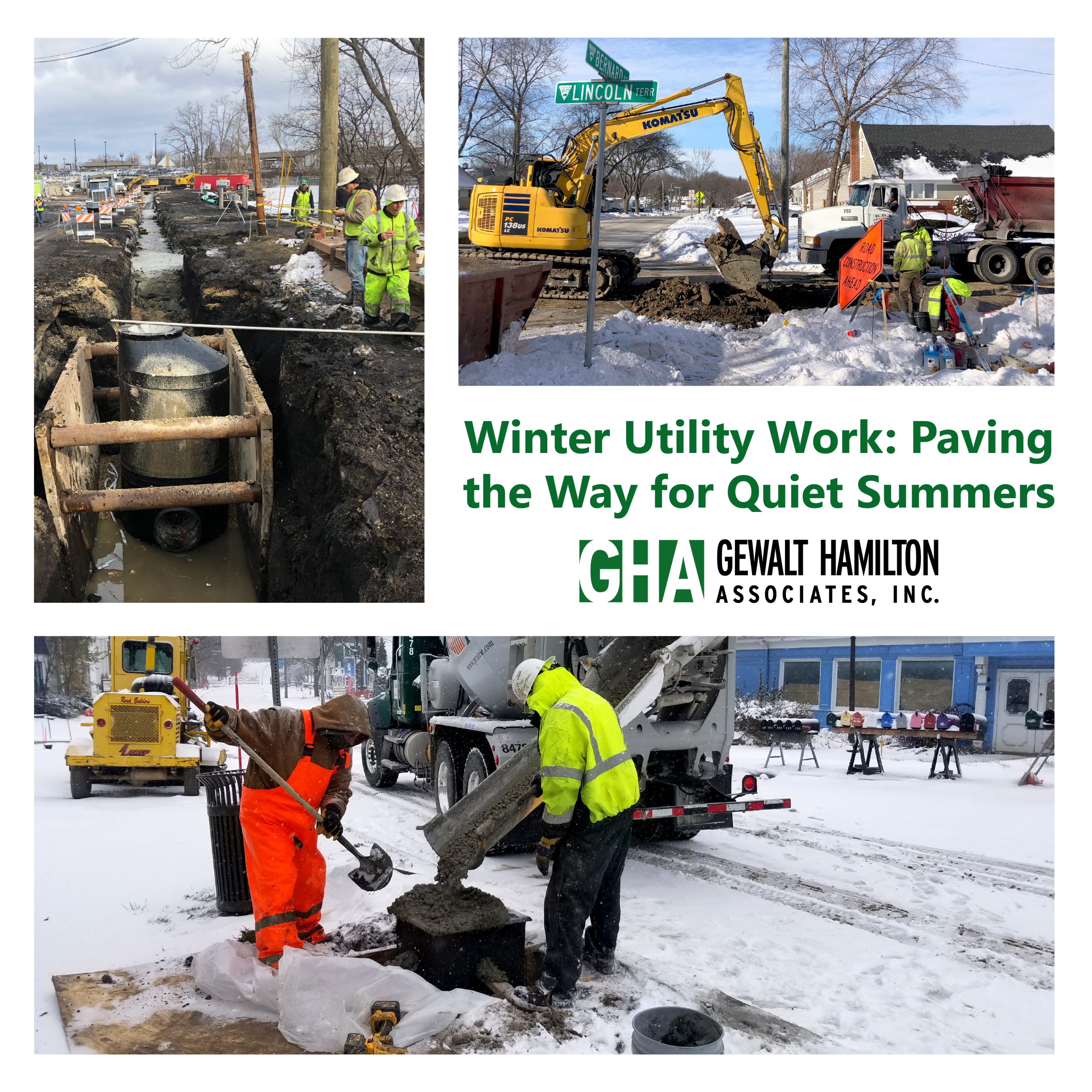 Winter Utility Work: Paving the Way for Quiet Summers Workers conducting winter utility repairs on a snowy street, featuring excavation equipment, pipes, and construction activity.