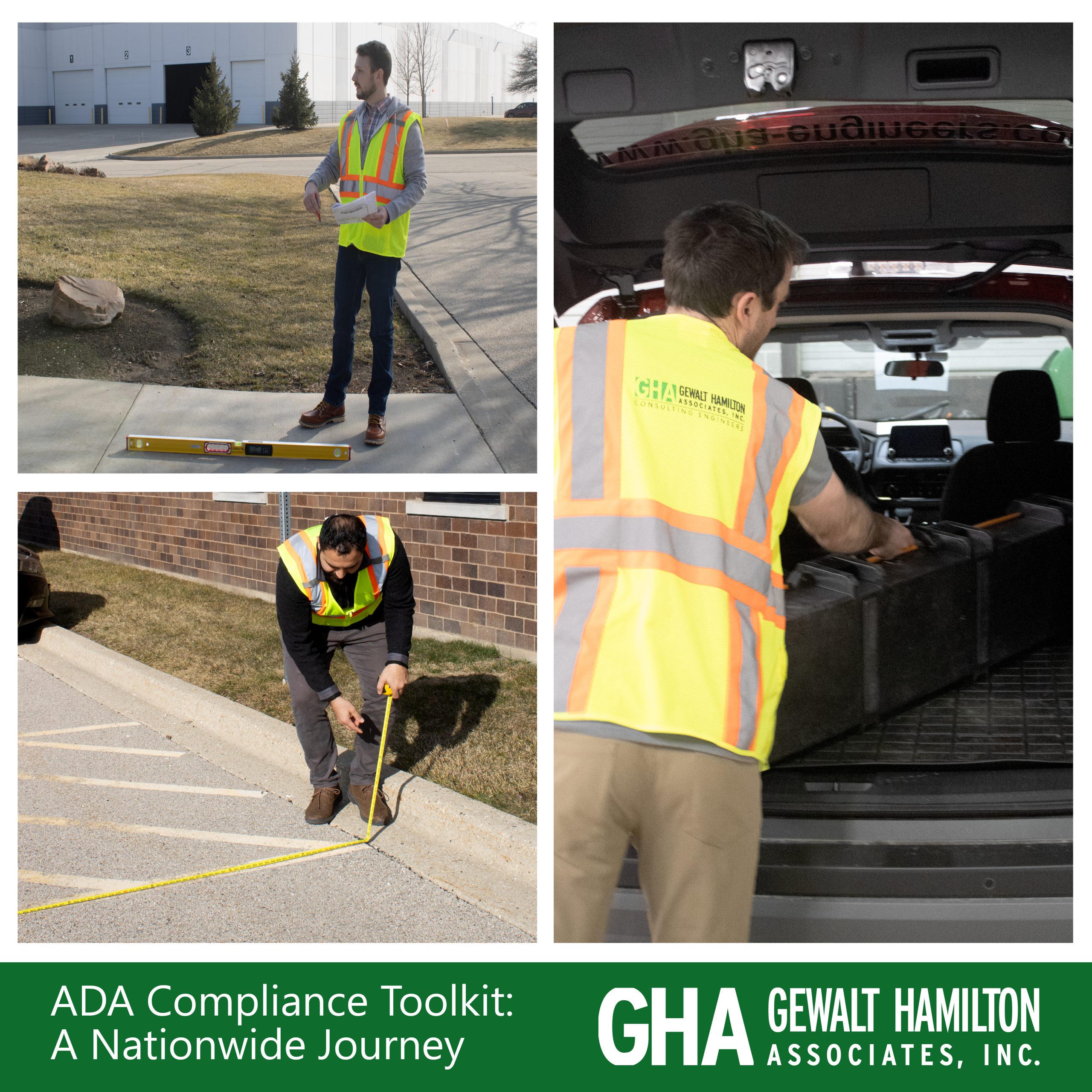 A civil engineer in a reflective vest uses a level outdoors, while another measures a distance with a tape measure near a vehicle.