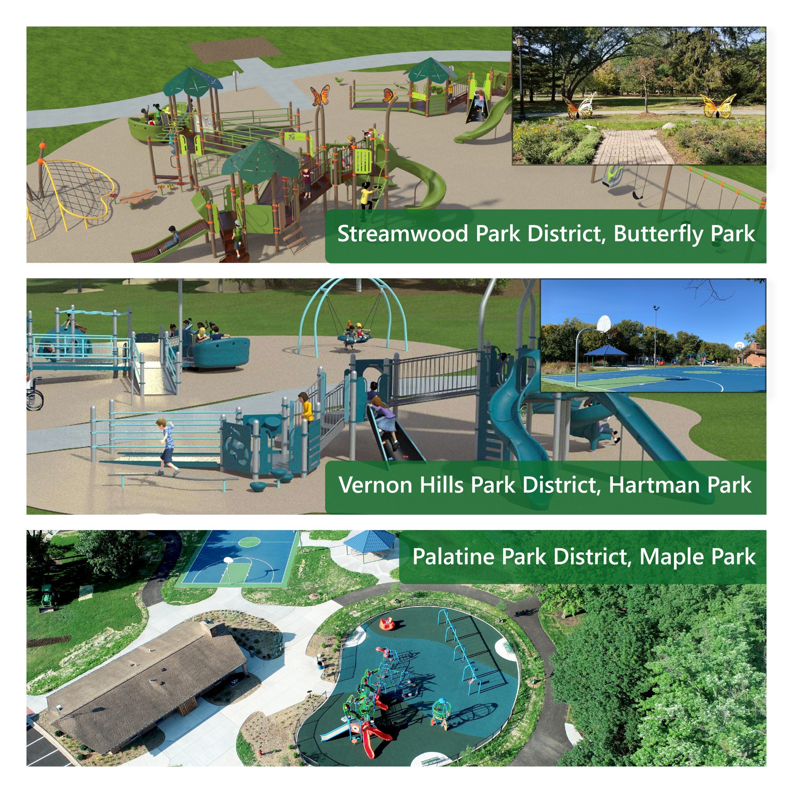 Aerial views of three parks: Butterfly Park with playground equipment, Hartman Park featuring exercise areas, and Maple Park showcasing climbing structures.
