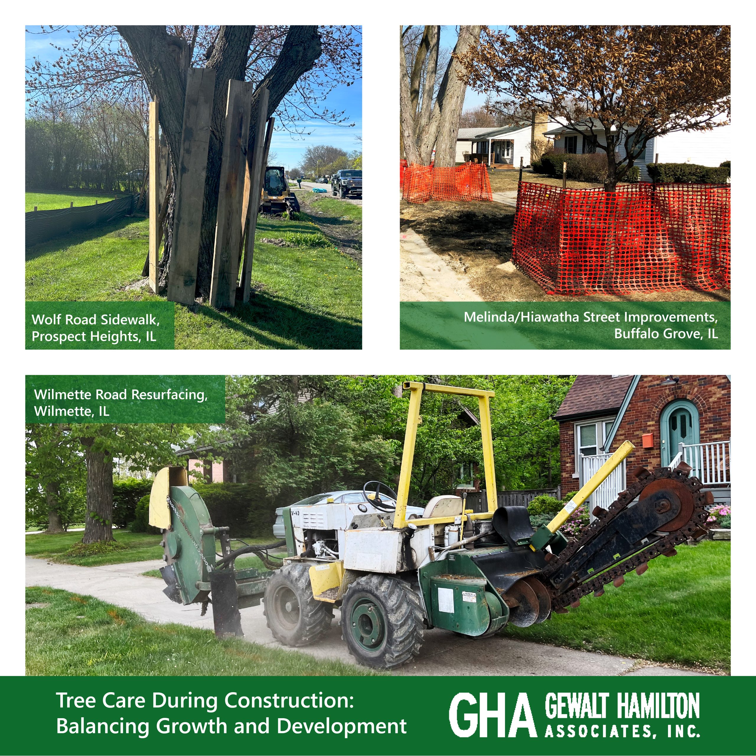 Collage of civil engineering projects: sidewalk construction in Prospect Heights, street improvements in Buffalo Grove, and road resurfacing in Wilmette.