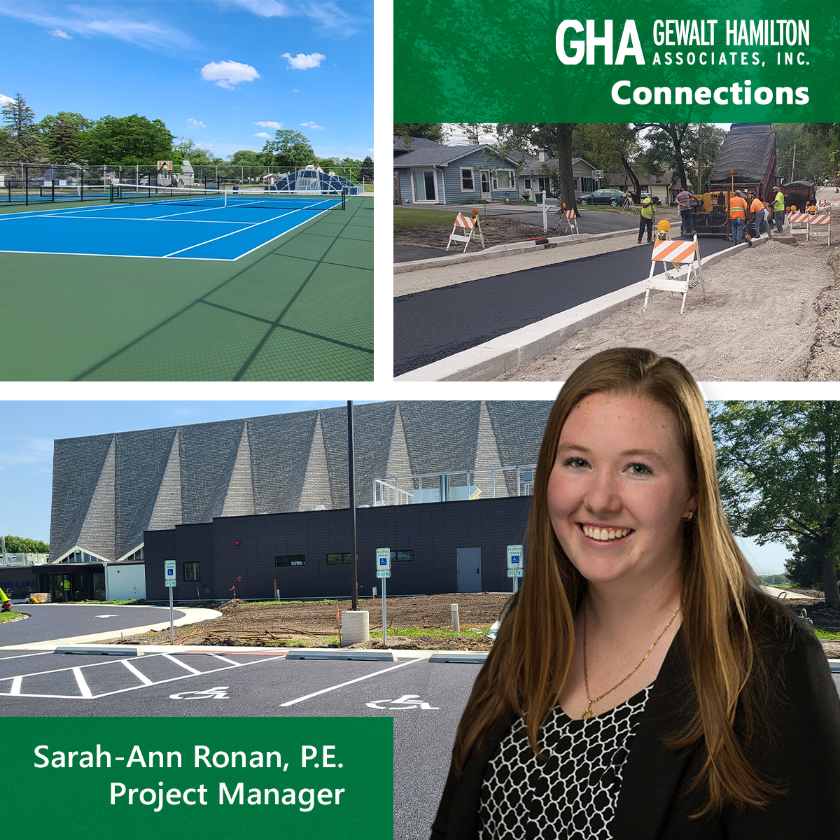 GHA Connections – Sarah-Ann Ronan Tennis courts and construction work on a roadway, with a modern building and a smiling project manager in the foreground.