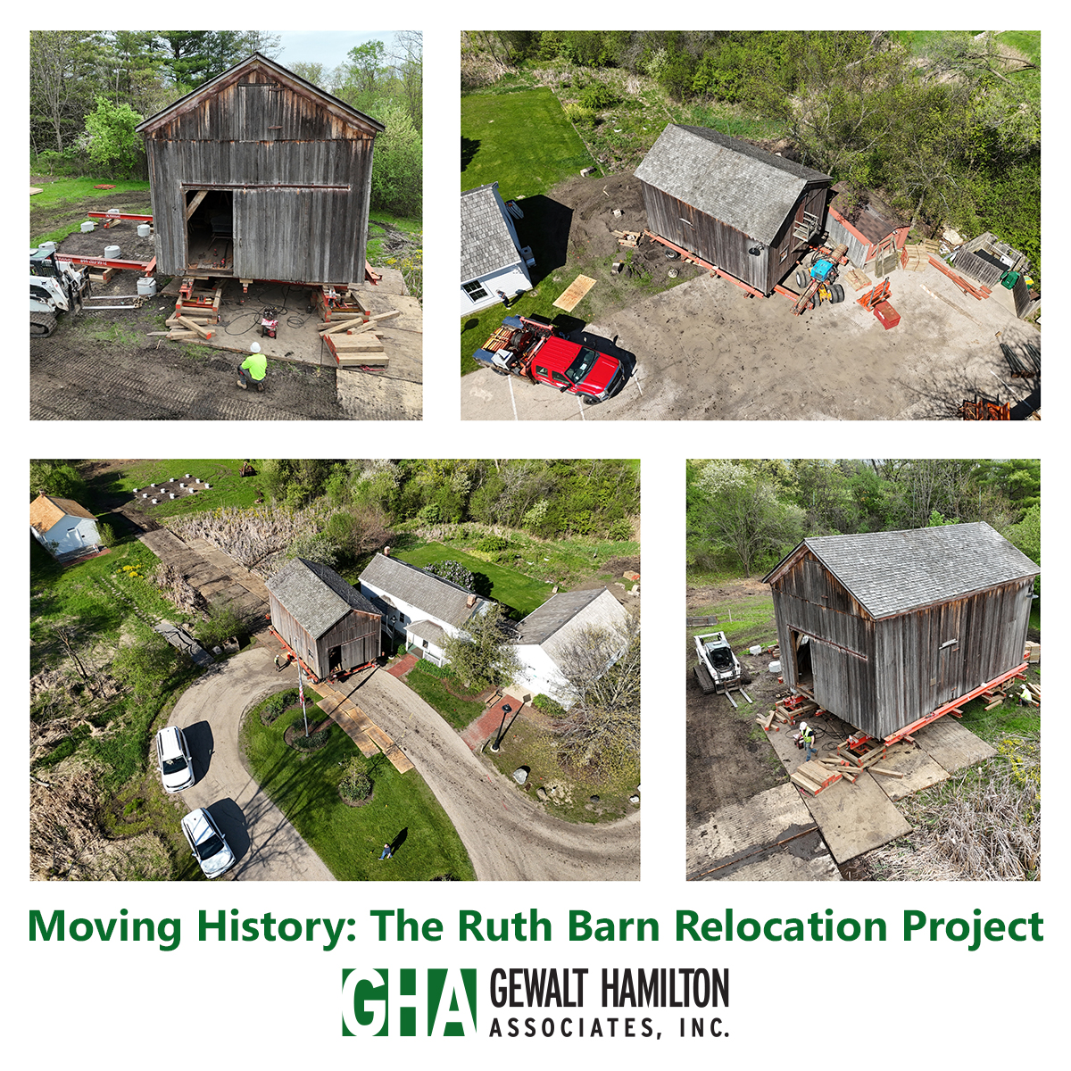 Aerial views of the Ruth Barn relocation project, showcasing construction activities, site layout, and surrounding landscape.