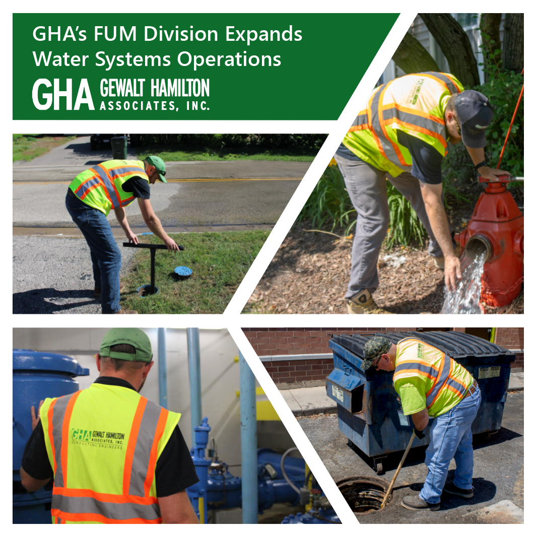 Workers in safety vests conduct maintenance on water systems, including a fire hydrant and water utility equipment, showcasing construction and infrastructure services.