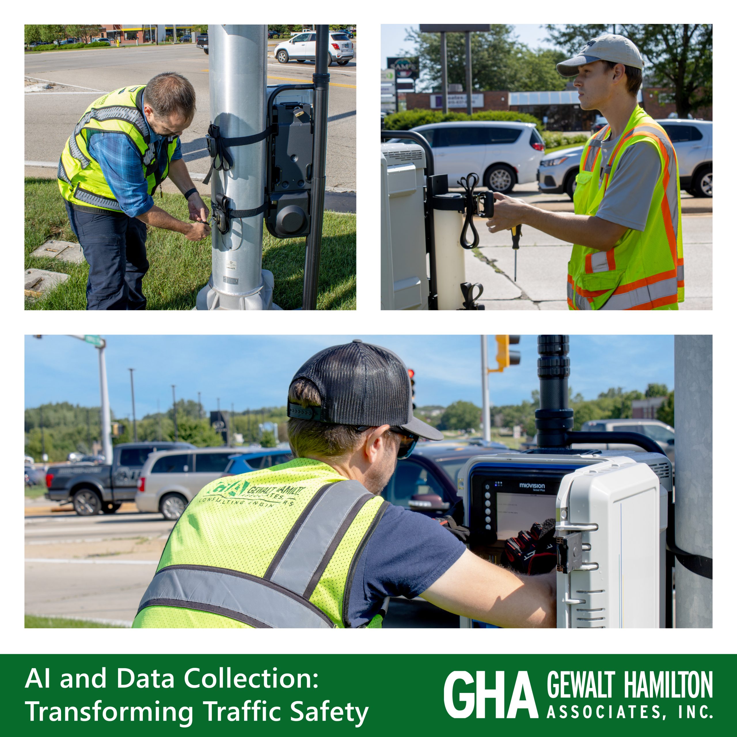 Technicians in safety vests installing and maintaining traffic signal equipment at an intersection, enhancing traffic safety.