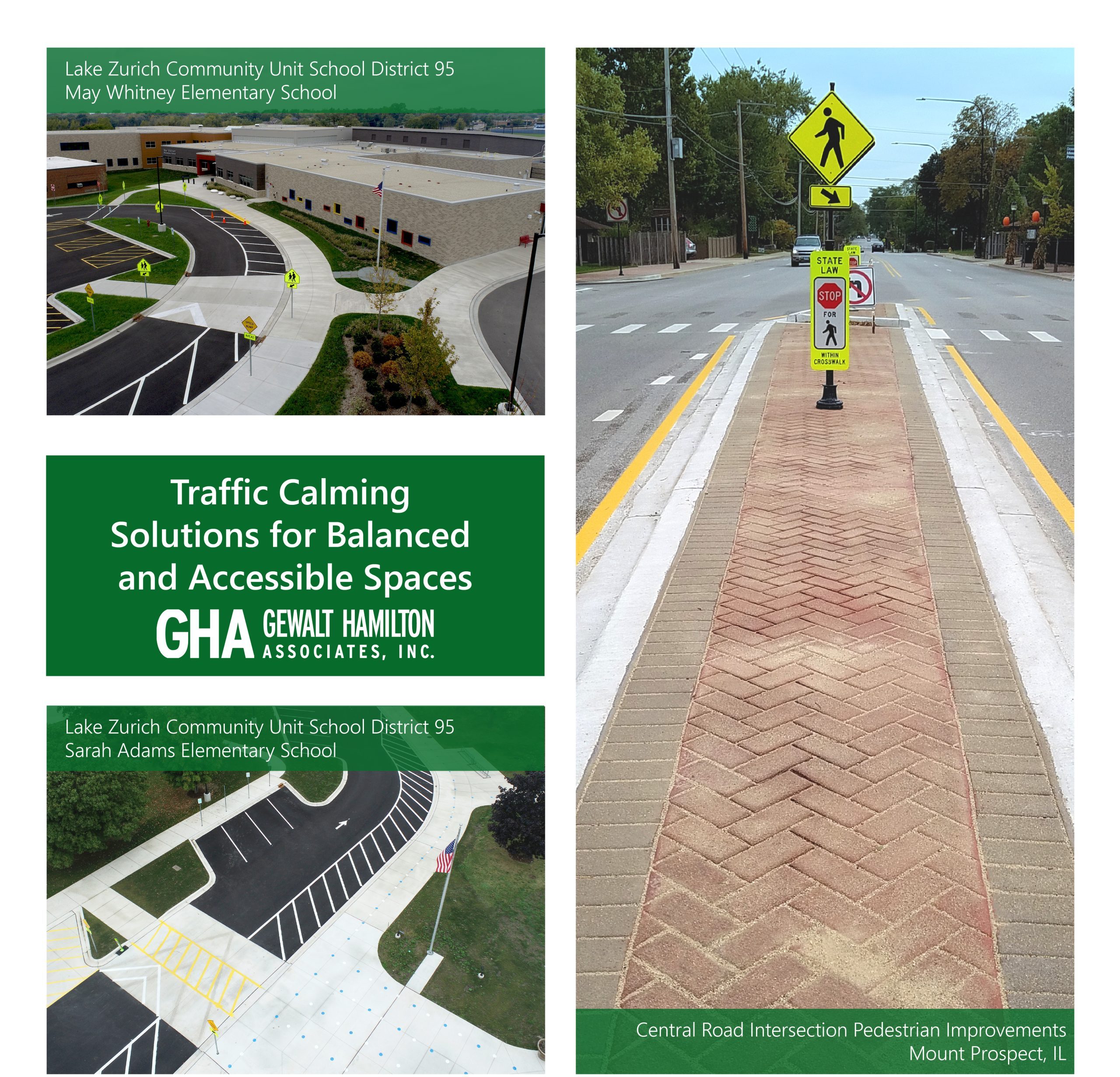 Pedestrian improvements with traffic calming features, including textured pavement and signage, at educational facilities in Illinois.