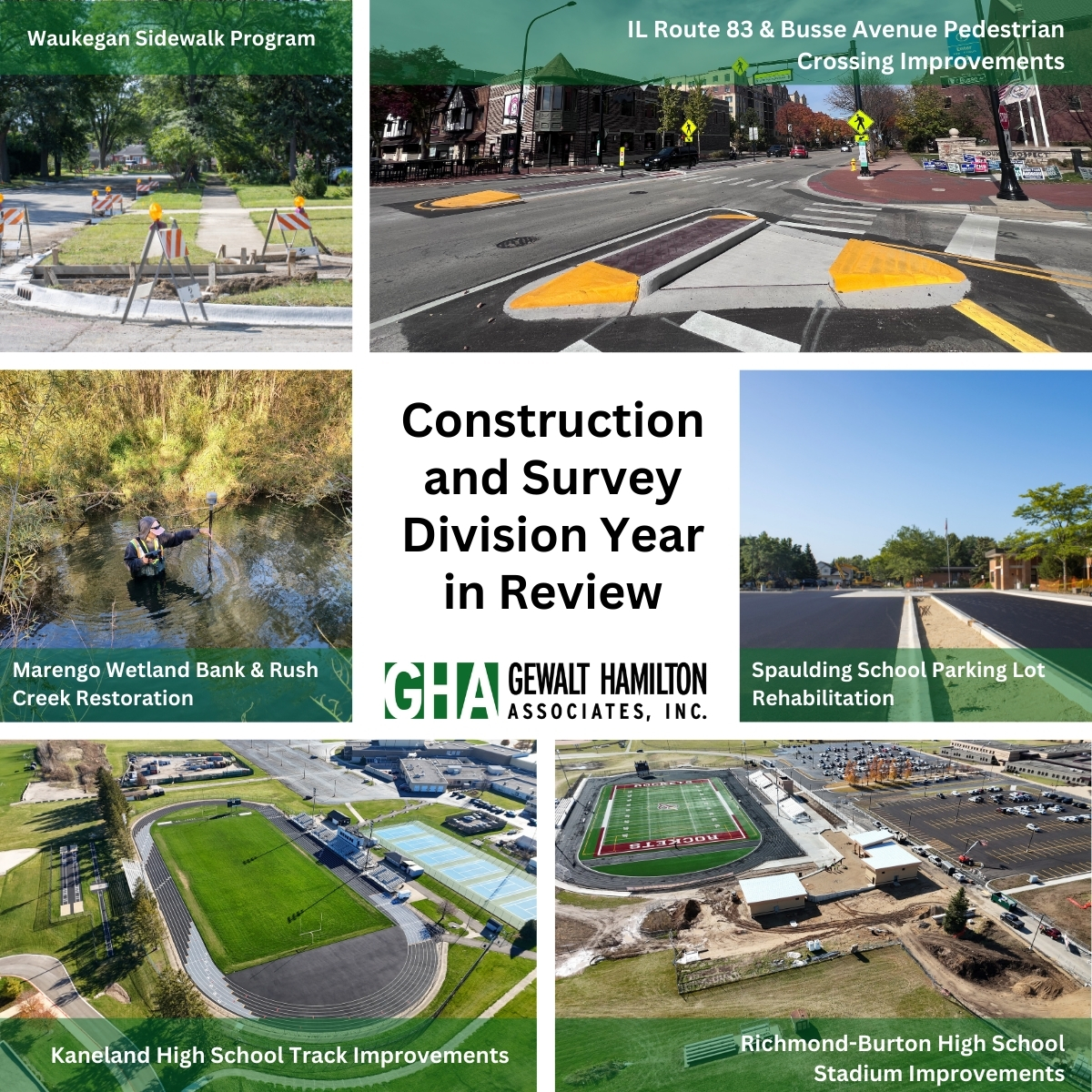 Overview of various civil engineering projects, including pedestrian crossings, wetland restoration, school improvements, and sports facility enhancements.