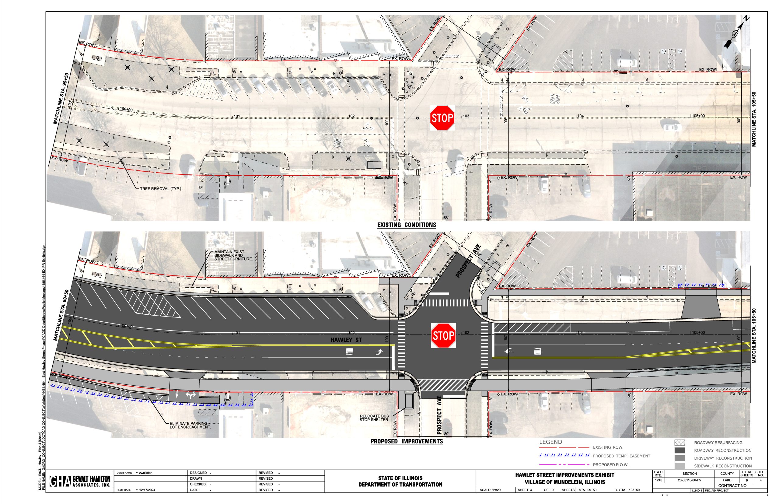 4485.464-EX-PR Exhibits-04 Detailed site plan showing existing conditions and proposed improvements for a municipal road project, including stop signs and roadway design.