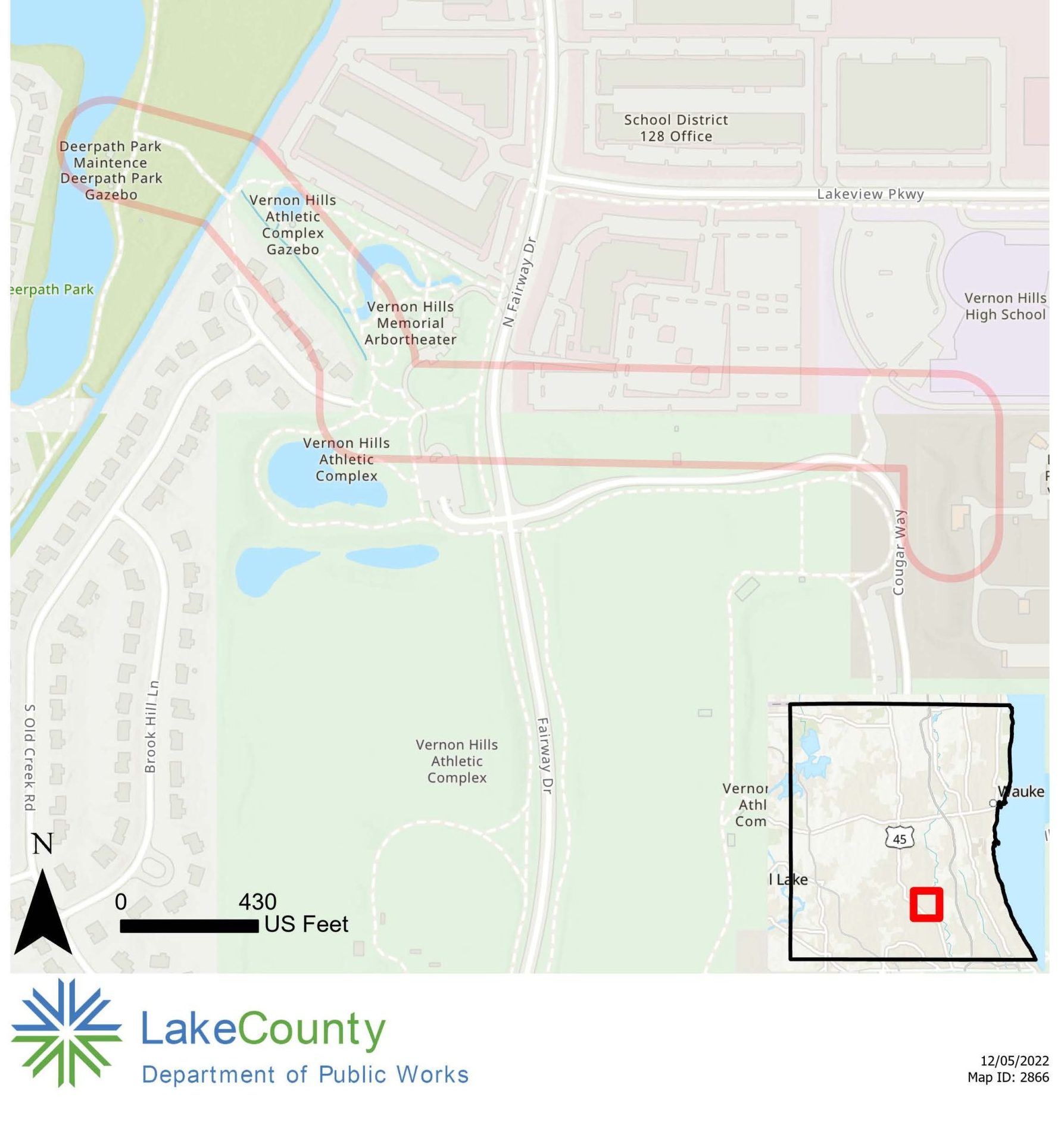 Document Map detailing parks and athletic facilities in Vernon Hills, highlighting Deerpath Park, Vernon Hills Athletic Complex, and surrounding area.