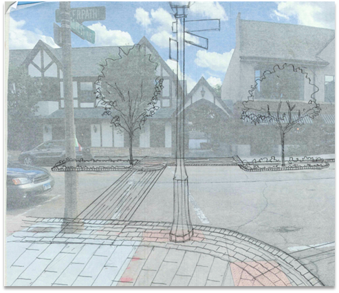 Picture1 Layered image showing a sketch of a landscaped corner with trees and sidewalk improvements over a photograph of the same location.